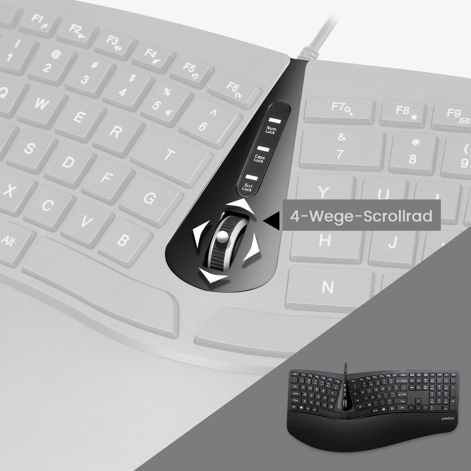 Clavier avec molette de défilement 4 directions intégrée. Accent mis sur la fonction de défilement, parfaitement intégrée dans le design du clavier.