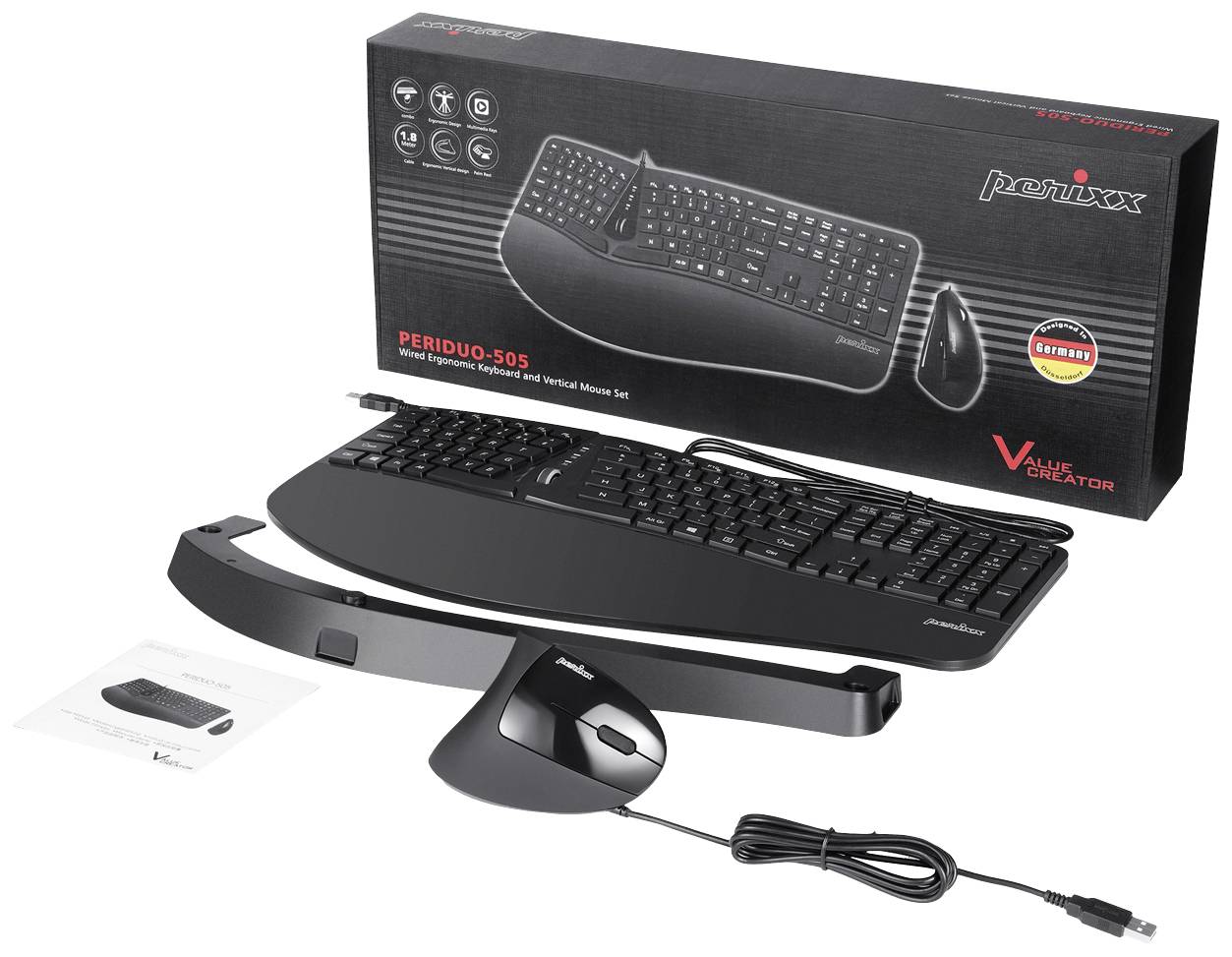 Ensemble clavier et souris sans fil en noir, avec un design ergonomique. La boîte en carton en arrière-plan affiche les détails du produit et le logo.