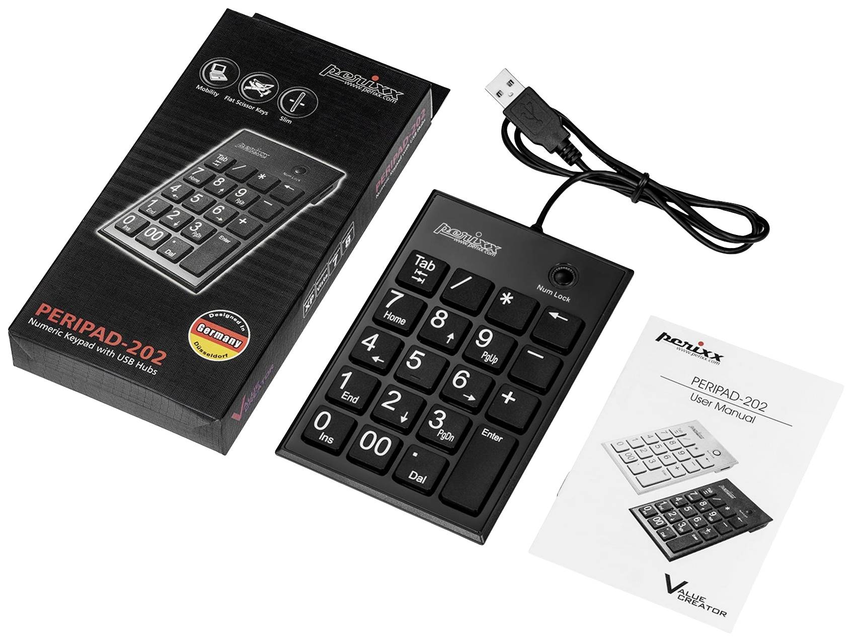 Pavé numérique USB portable avec emballage, câble USB et mode d'emploi.