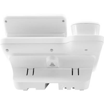 Un distributeur de savon électrique blanc avec capteur intégré, adapté à un montage mural, présente sa face inférieure et ses options de fixation.