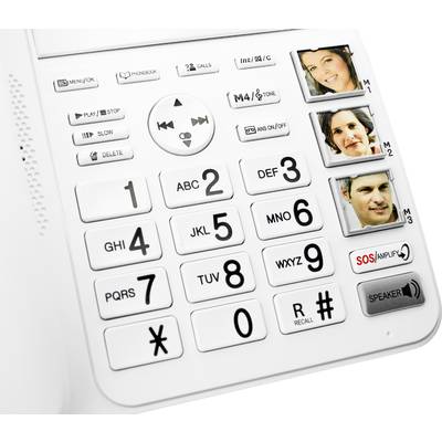 Téléphone blanc avec touches larges, trois touches d'image pour des appels rapides, touches SOS et haut-parleur pour les urgences et une utilisation simplifiée.