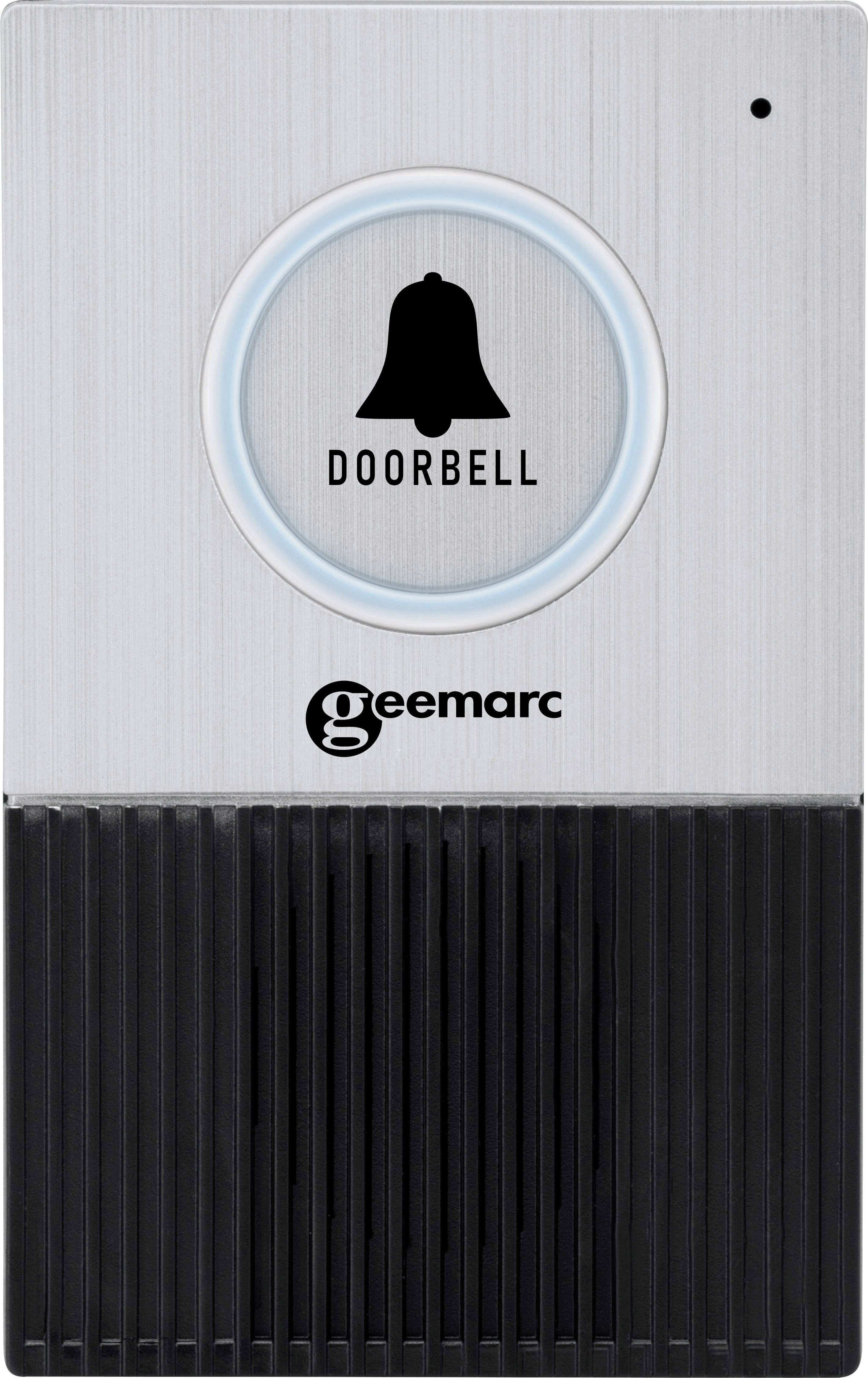 Sonnette gris-noir avec anneau lumineux et symbole de cloche, avec le texte 'DOORBELL' et le logo 'Geemarc' en dessous.