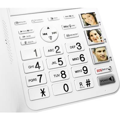 Gros plan sur un téléphone fixe avec touches larges. Trois touches affichent des photos de personnes, probablement des touches de numérotation abrégée.