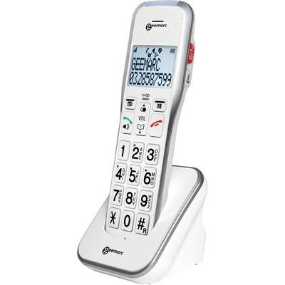 Téléphone sans fil avec touches larges sur une station de charge, l'écran affiche un numéro de téléphone. Adapté aux utilisateurs malvoyants.