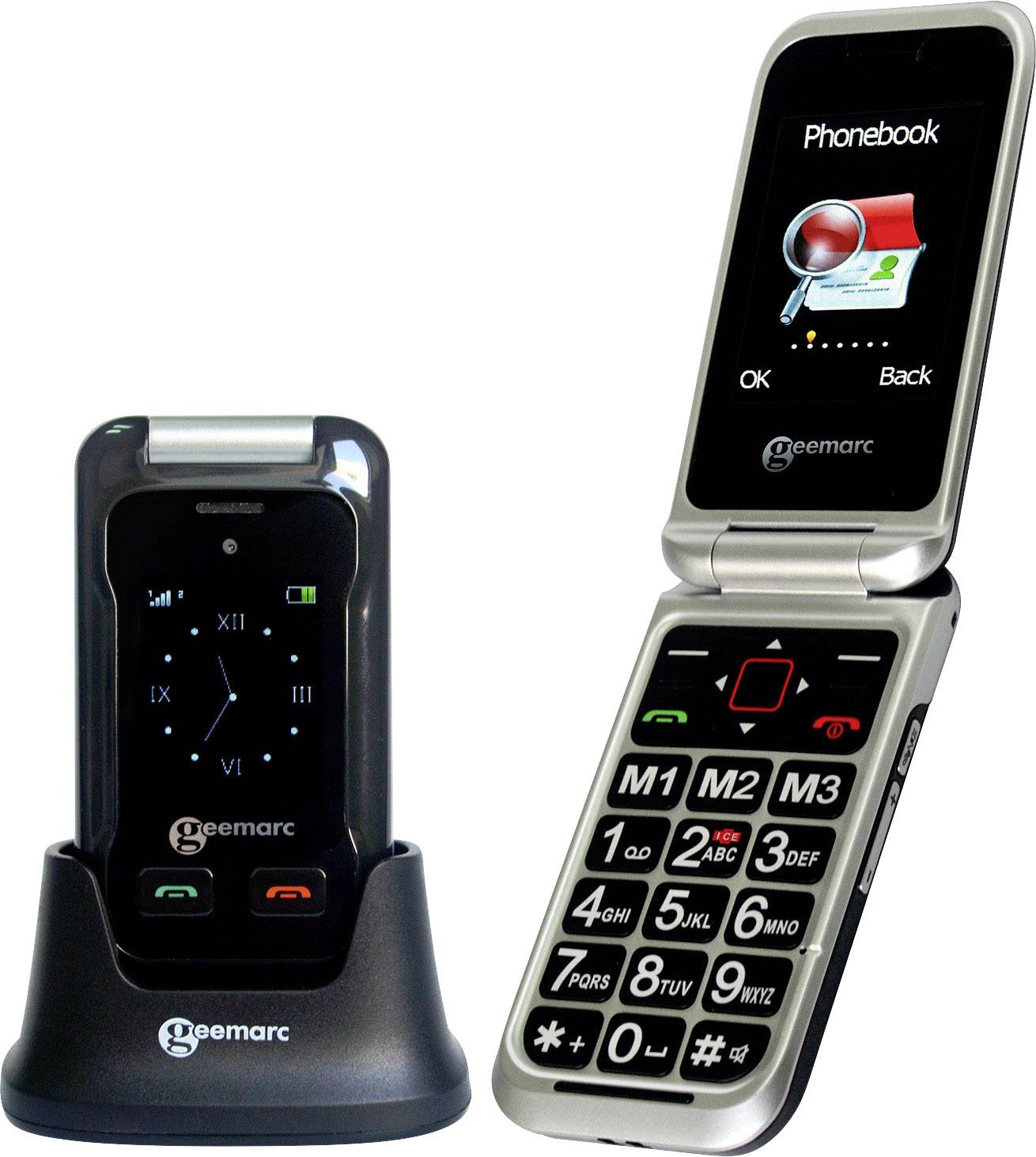 Geemarc CL8500 Téléphone portable à clapet pour séniors Touche SOS, avec station de charge anthracite, argent-6