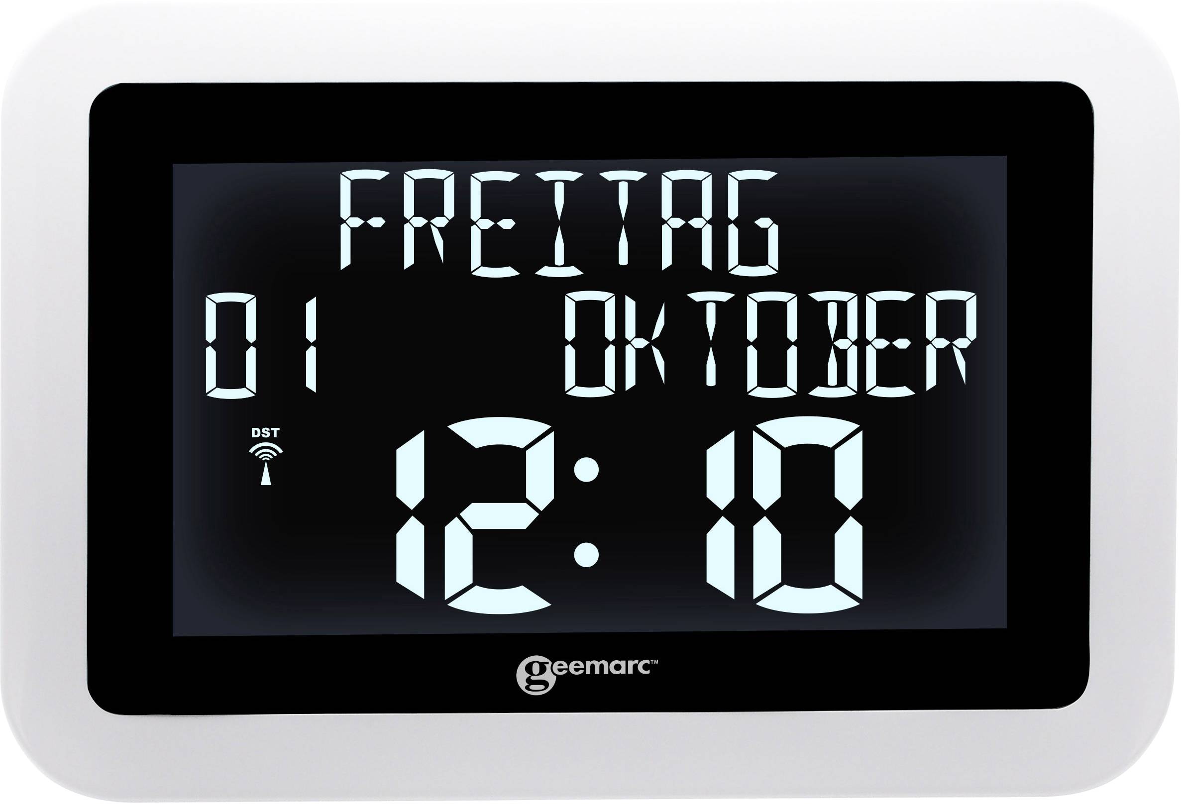 Calendrier numérique avec un grand écran affichant 'Vendredi, 01 octobre' et l'heure '12:10'.