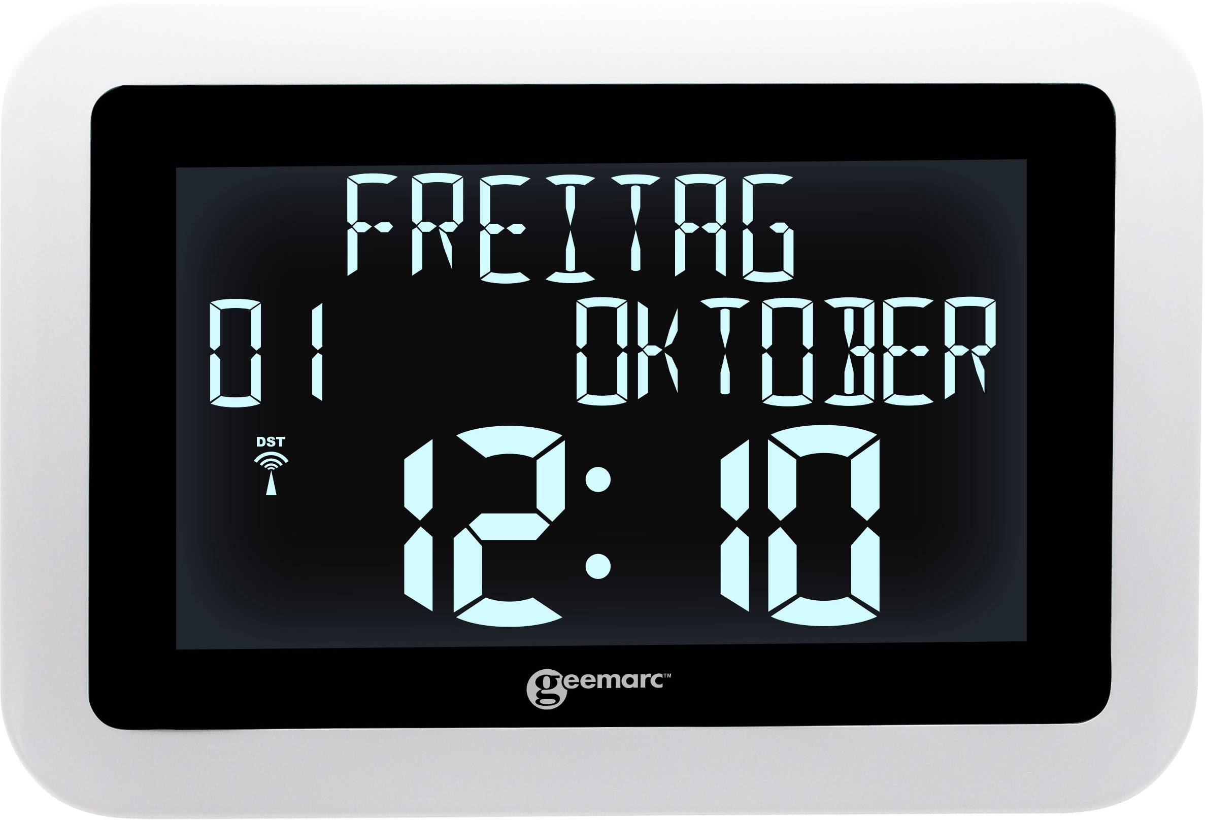 Calendrier numérique avec la date 'Vendredi, 01 Octobre' et l'heure '12:10', incluant l'affichage de l'heure d'été.