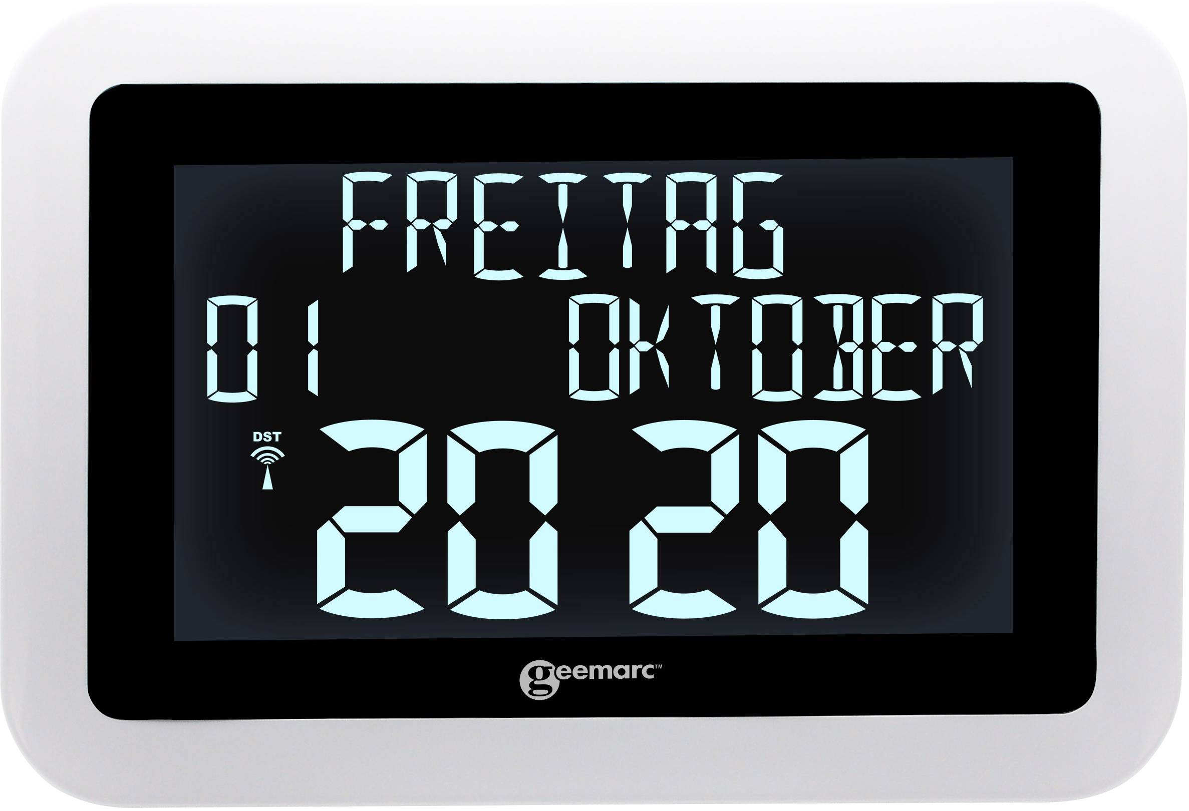 Horloge numérique affichant : 'Vendredi, 01 Octobre, 20:20'. Design épuré en blanc et noir.