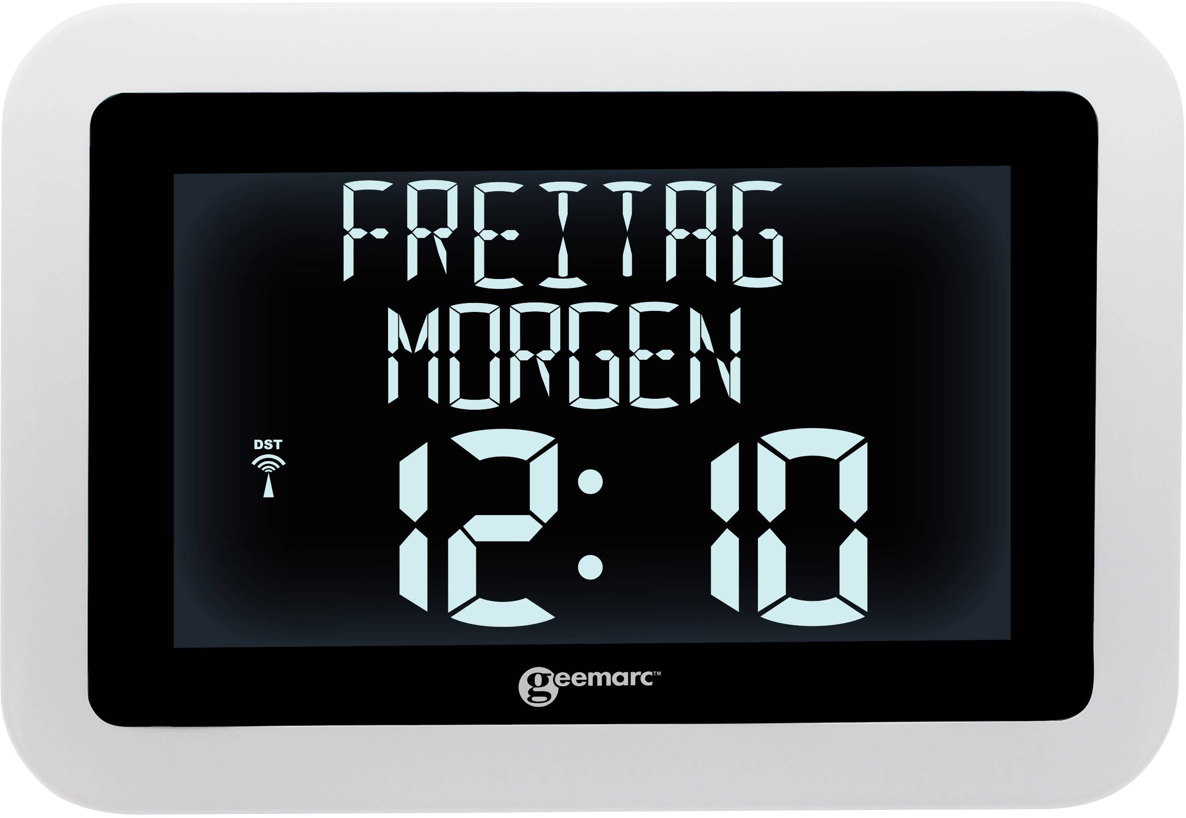 Un réveil numérique affiche 'Vendredi Matin' et l'heure '12:10'. Un symbole d'heure d'été à gauche. Logo Geemarc en bas.