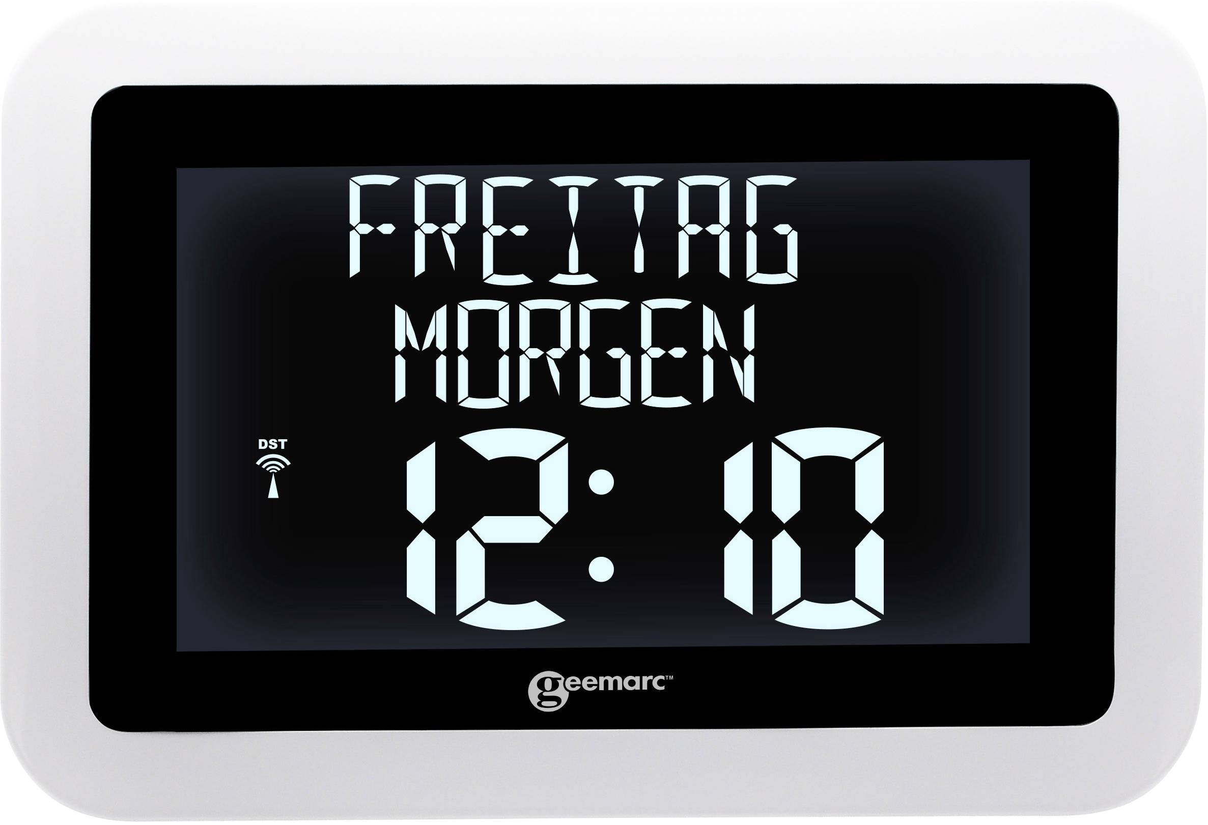 Horloge numérique sur fond noir affichant 'Vendredi Matin' et l'heure '12:10'. Un petit symbole DST est présent en haut à gauche.