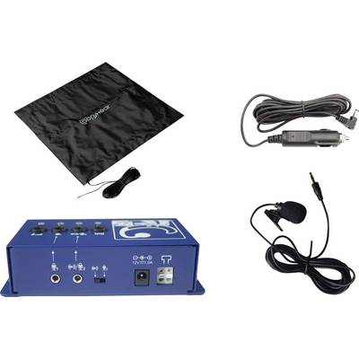 Un amplificateur bleu connecté à un microphone et un câble d'alimentation. Contient un sac avec l'inscription 'COPILOT'.