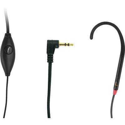 Un écouteur noir avec un embout auriculaire transparent, un câble fin et un adaptateur jack de 3,5 mm. Adapté aux appareils audio.