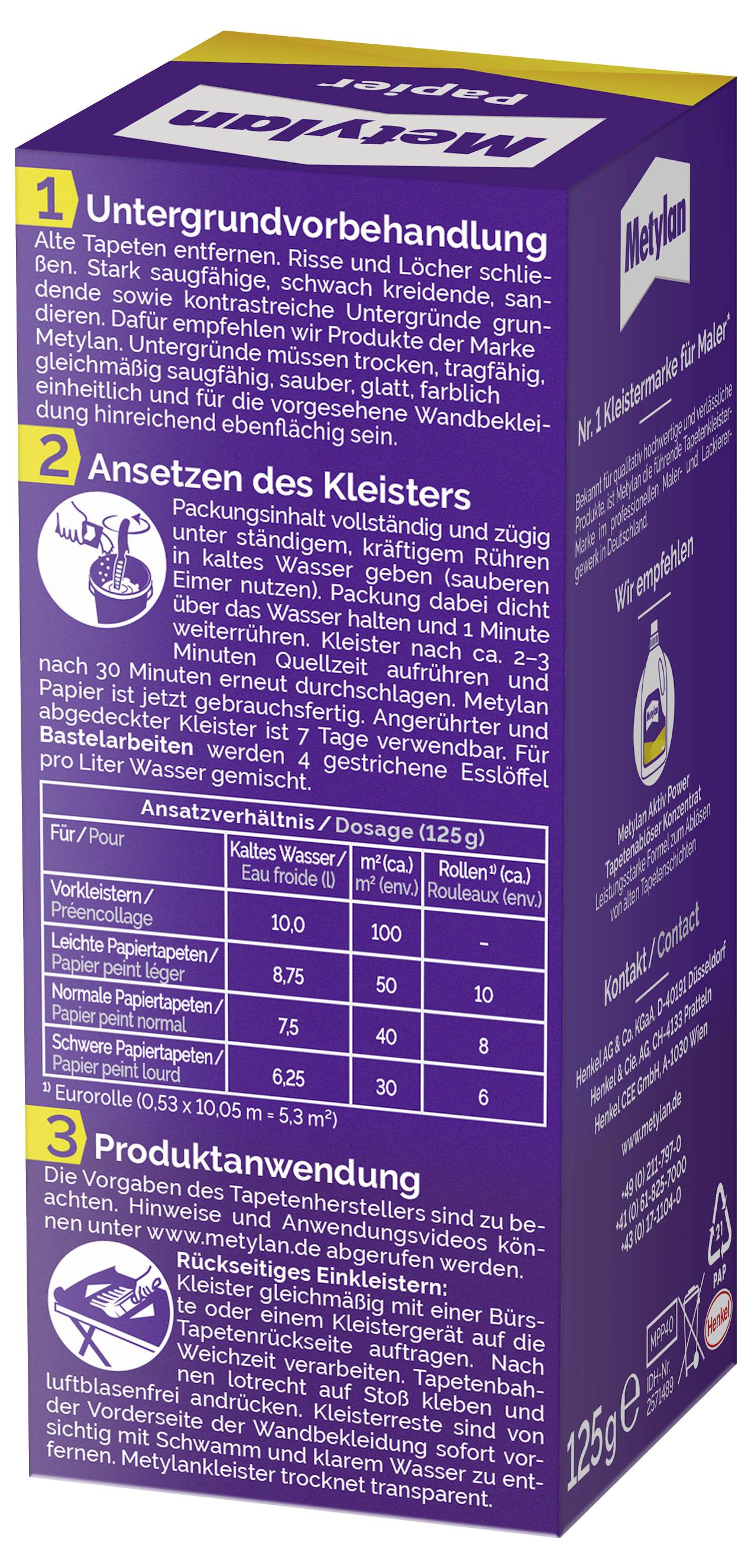 L'image présente une boîte de colle à papier peint Metylan. Elle comprend des instructions pour la préparation des surfaces, le mélange de l'adhésif et son application.