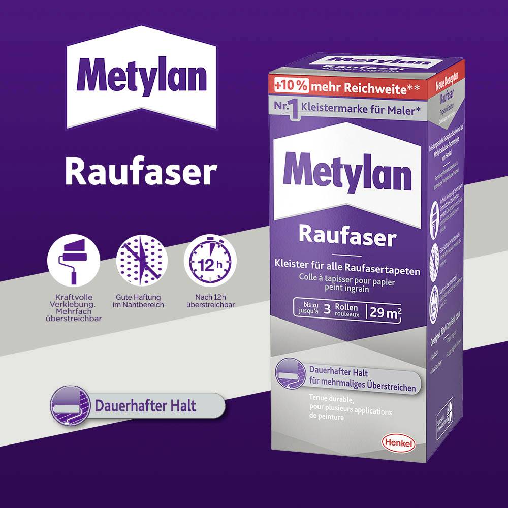 'Metylan Raufaser' : Emballage de colle à papier peint, 8 rouleaux, pour papiers peints intissés. Caractéristiques : collage puissant, longue tenue, recouvrable.