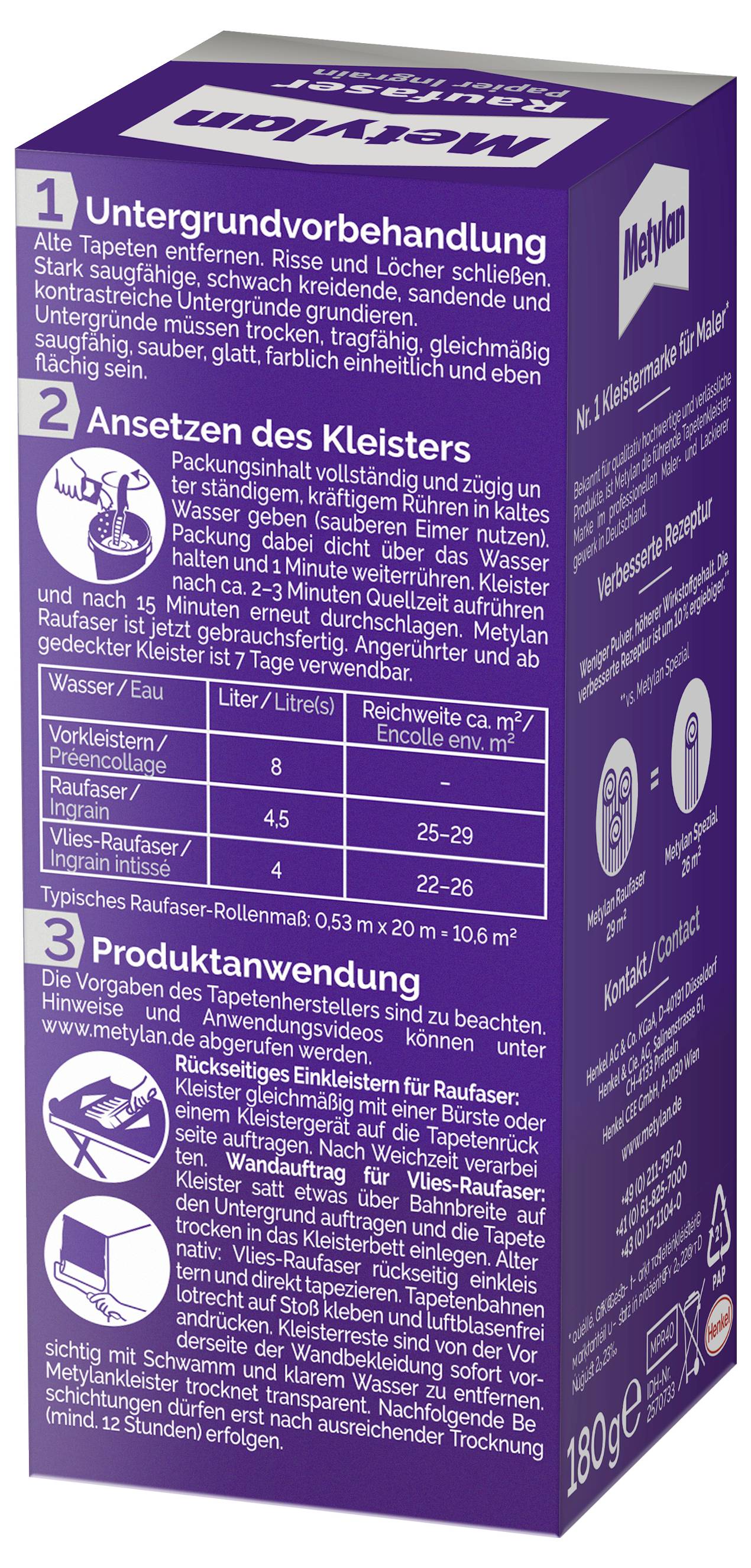 L'image montre une boîte de produit de colle avec des instructions en allemand pour la préparation du papier peint, le mélange et l'application. Les points clés comprennent les proportions et les détails de couverture.