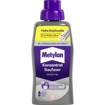 Bouteille de 'Metylan Konzentrat Raufaser Kleister-Mix' avec détails du produit en allemand, graphiques de rouleaux montrant une couverture élevée et un mélange facile.