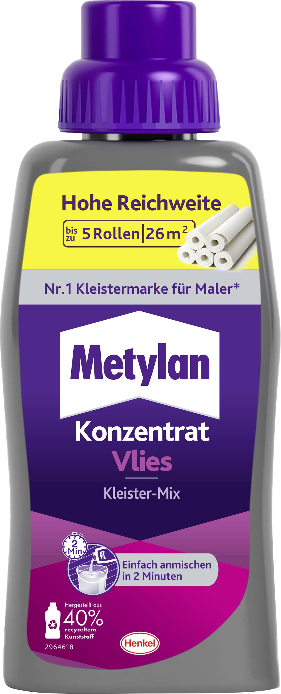 Une bouteille de concentré d'enduit Metylan. Le texte sur la bouteille met en avant « haut rendement » et « facile à mélanger en 2 minutes ».