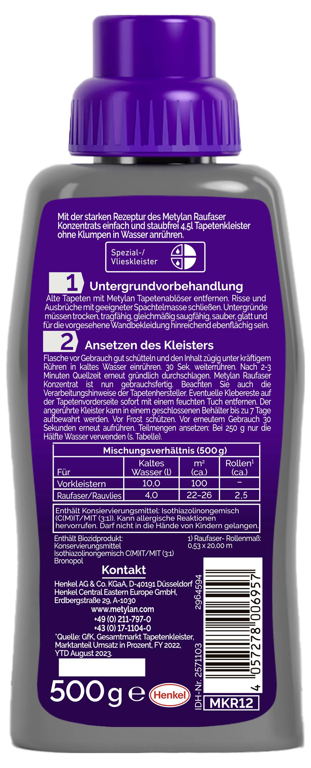 L'image montre un flacon de colle à papier peint avec du texte en allemand détaillant les instructions d'utilisation, les étapes de préparation, les proportions de mélange et les coordonnées de contact.