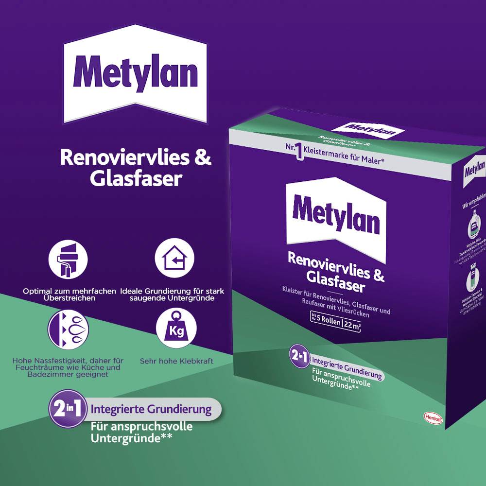 L'emballage présente le 'Metylan Voile de Rénovation & Fibre de Verre' pour la rénovation murale. Contient des détails sur les méthodes d'application et la surface de couverture.