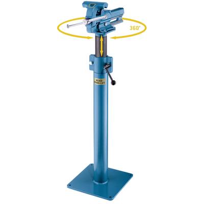 Étau bleu monté sur un support pivotant à 360 degrés. Levier de réglage de la hauteur sur le support.