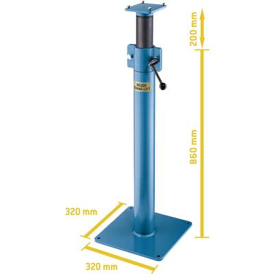 'Ortlieb Steel Stand-Lift'. Un support en acier réglable en hauteur bleu, hauteur totale 860 mm, socle de 320 mm.