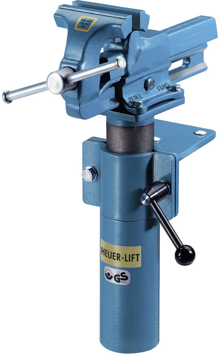 Étau bleu monté sur un support pivotant à levier, idéal pour les établis, équipé d'une manivelle manuelle pour régler la hauteur et d'une platine de fixation.