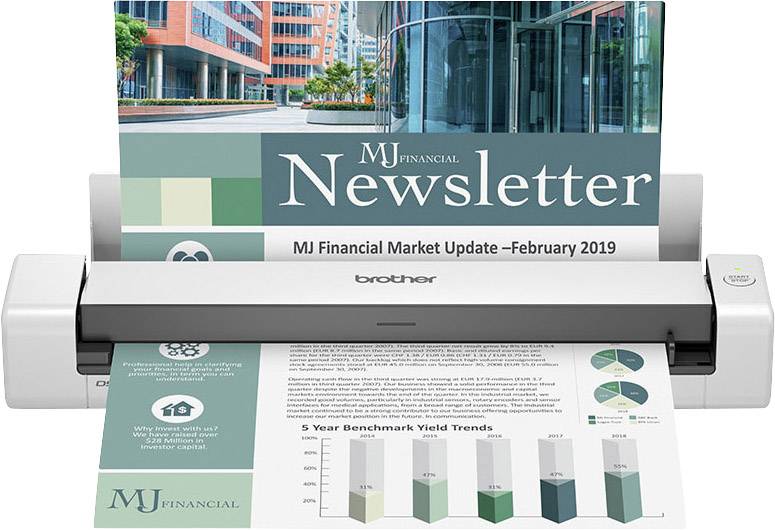 Scanner portable numérisant deux documents financiers. L'un affiche le titre « Mise à jour du marché financier MJ – Février 2019 », l'autre présentant des diagrammes sur l'évolution des rendements.