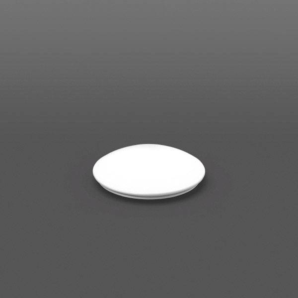 Un objet blanc unique, plat et circulaire sur un fond gris.