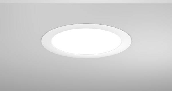 Spot encastré rond et blanc dans un plafond gris, diffusant une lumière vive. Design minimaliste, solution d'éclairage moderne.