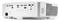Vue arrière d'un projecteur blanc avec plusieurs types de connexions : HDMI, VGA, USB, Ethernet et ports audio analogiques.