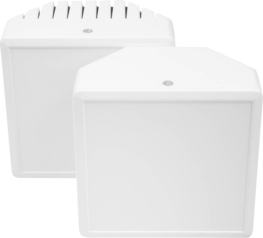 Deux boîtiers muraux blancs, l'un avec un sommet arrondi, l'autre rectangulaire. Ils sont généralement utilisés pour les appareils électriques.
