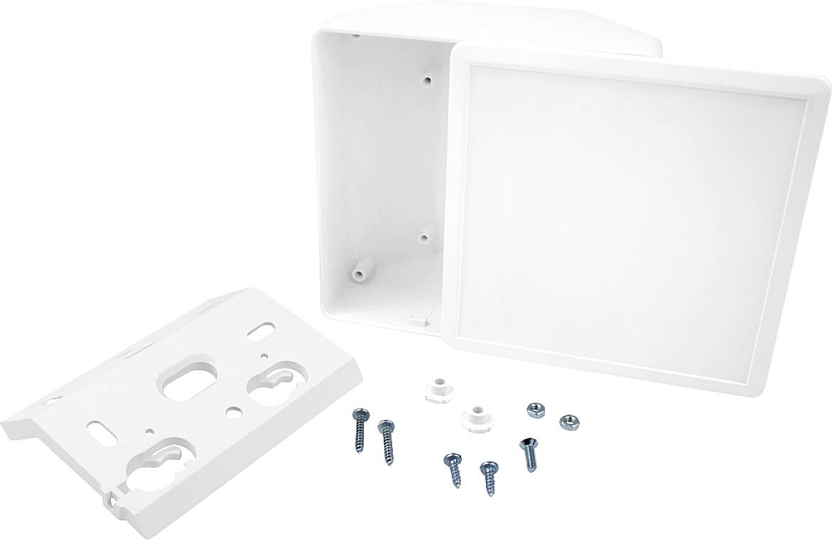 Boîte en plastique blanc avec couvercle amovible. À côté, plaque de montage et vis.