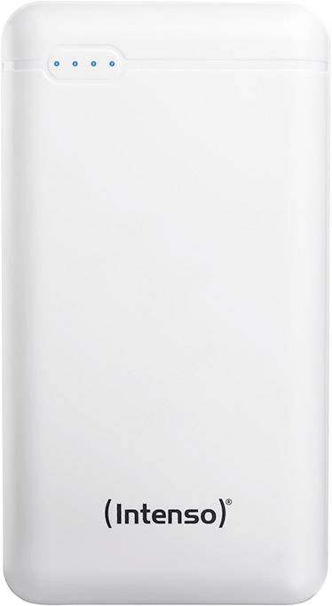 Un chargeur portable blanc de la marque Intenso avec quatre voyants LED bleus en haut à gauche pour indiquer le niveau de batterie.