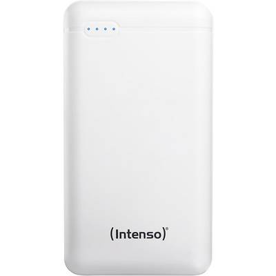 Un chargeur portable blanc de la marque Intenso avec quatre voyants LED bleus en haut à gauche pour indiquer le niveau de batterie.