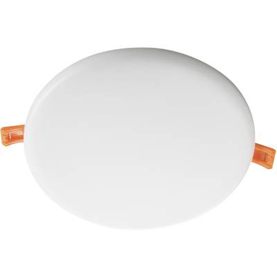 Un détecteur de fumée blanc, oval, avec deux clips orange sur les côtés.