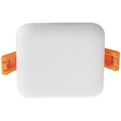 Un spot LED blanc carré avec deux supports orange sur les côtés, adapté pour une installation au plafond.