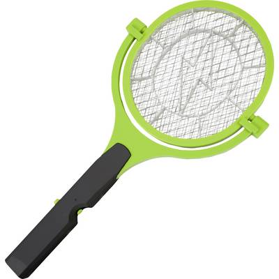 Tapette anti-insectes électrique en vert et noir avec symbole de foudre. Fonctionnement à piles, utilisée pour éliminer les insectes.