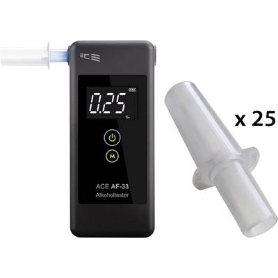 Un éthylotest ACE AF-33 affiche un taux d'alcoolémie de 0,25 sur son écran. À côté, un embout buccal en plastique est représenté avec le chiffre 'x 25'.