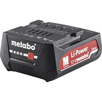 'Batterie Metabo Li-Power 12V, 2,0 Ah, avec boîtier en plastique noir portant le logo Metabo et une étiquette rouge sur le côté.'
