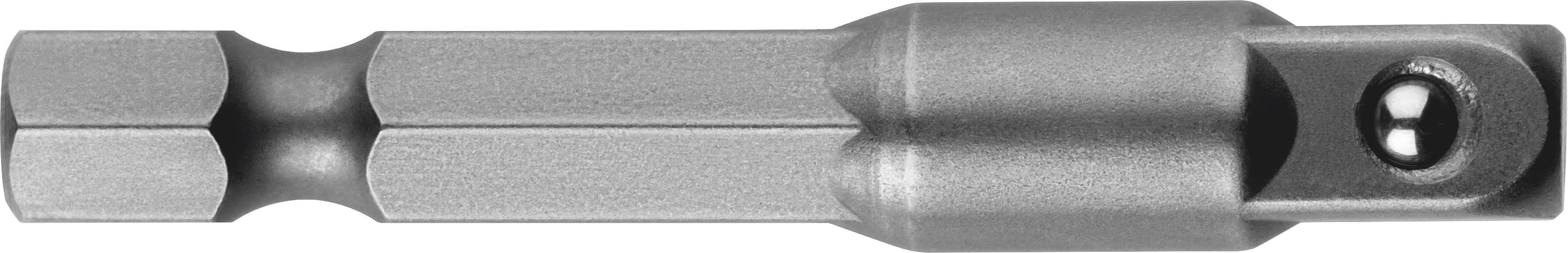 Adaptateur de douille en argent avec tige hexagonale, permettant l'utilisation de douilles sur des visseuses sans fil ou des perceuses.