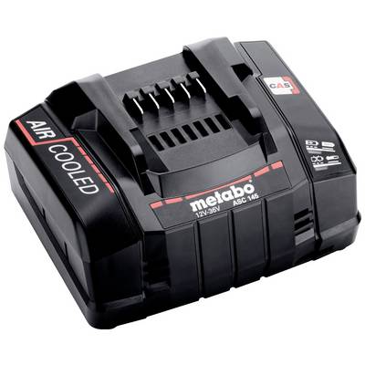 Chargeur Metabo avec inscription 'Air Cooled', compatible avec batteries 12V-36V, modèle ASC 145, en noir et rouge.