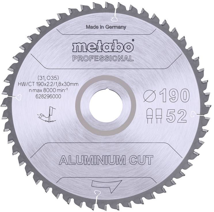 Lame de scie circulaire de coupe Metabo Professional en aluminium, marquée « Fabriqué en Allemagne », diamètre 190 mm et 52 dents.