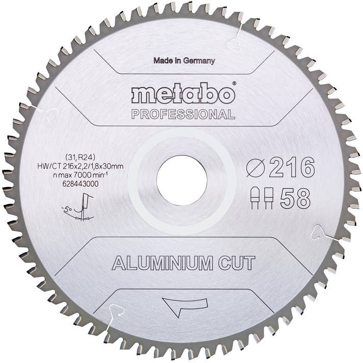 Metabo ALUMINIUM CUT PROFESSIONAL 628443000 Lame de scie circulaire 216 x 30 x 1.8 mm Nombre de dents: 58 1 pc(s)