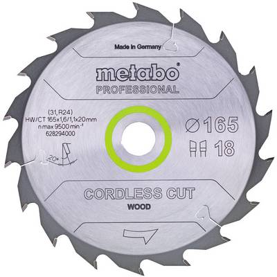 Lame de scie circulaire Metabo Professional pour coupe sans fil du bois, diamètre 165 mm, 18 dents, avec trou de montage central.