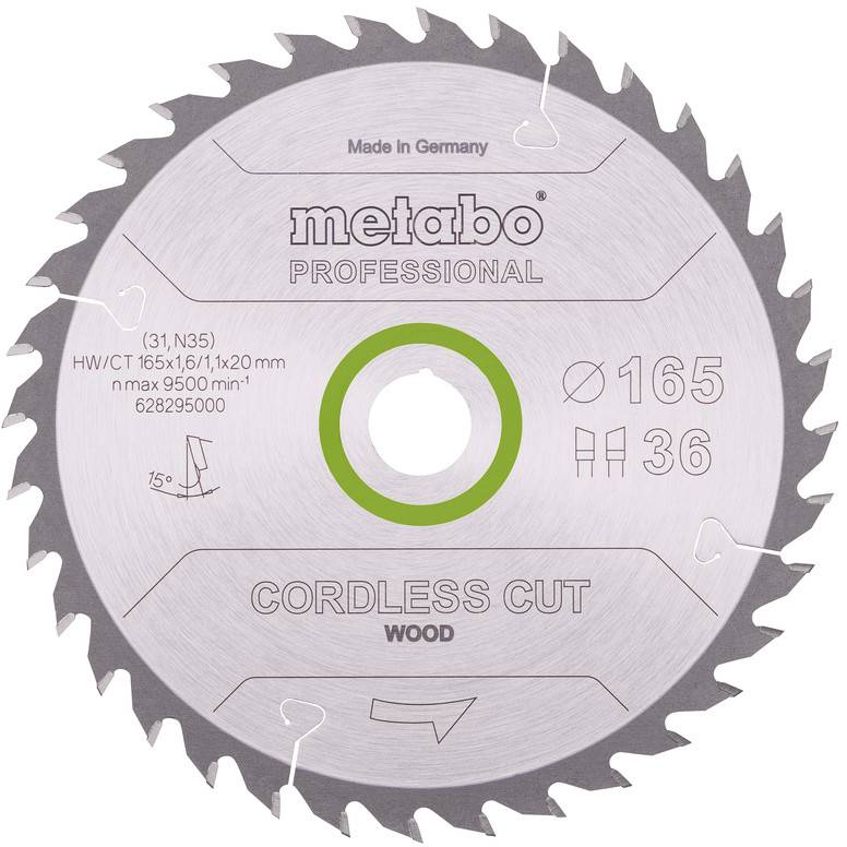 Lame de scie circulaire Metabo Professional sans fil pour bois avec diamètre de 165 mm et 36 dents, étiquetée « Fabriqué en Allemagne » et « CORDLESS CUT WOOD ».