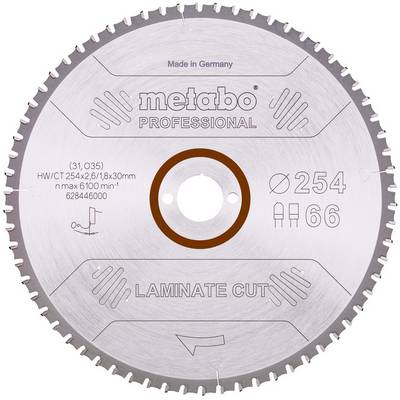 Gros plan d'une lame de scie circulaire pour découpe de stratifiés Metabo Professional, portant les inscriptions « Fabriqué en Allemagne » et « Ø254 », avec 66 dents et un trou d'arbre de 30 mm.