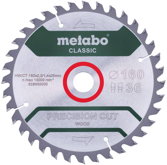 Lame de scie circulaire Metabo Classic à coupe de précision avec 36 dents et diamètre de 160 mm, présentée de face sur fond blanc.
