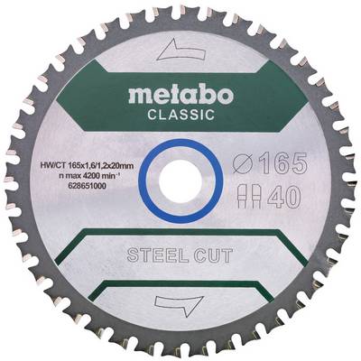 Gros plan d'une lame de scie circulaire Metabo Classic en acier trempé, étiquetée 165 mm avec 40 dents et max 4200 tr/min.
