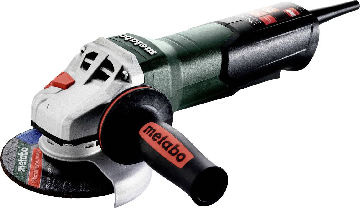 Un meuleuse d'angle Metabo filaire avec poignée latérale attachée et disque de coupe, présenté sur fond blanc.