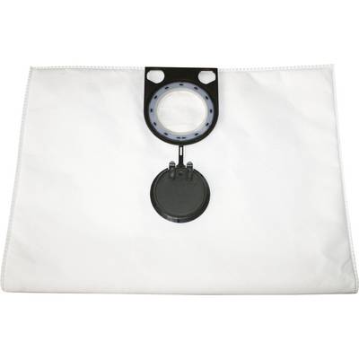 Sac de poussière en tissu blanc avec une ouverture à cordon de serrage circulaire noir ou œillet centré près du haut.